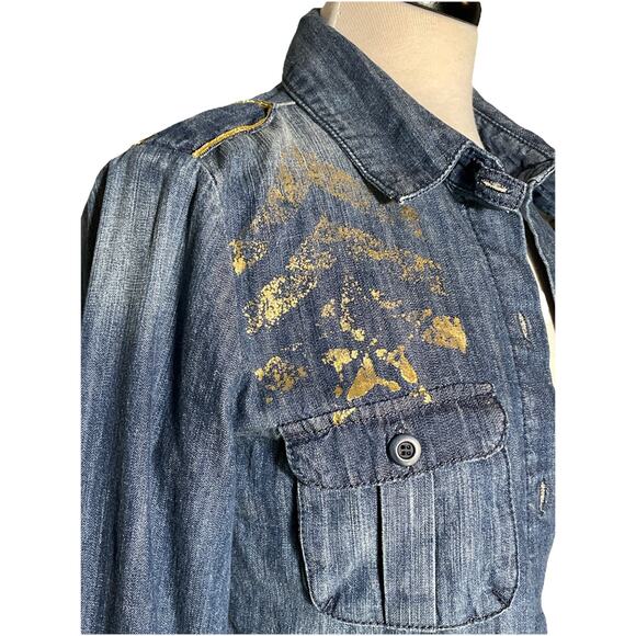 7 for All Mankind Denim Chambray Golden Details Button Down Shirt Size S, Sample - Picture 2 of 6